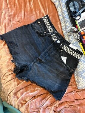 Zara Black Distressed Denim Shorts with Vintage Greek Ribbon Waistband Retro